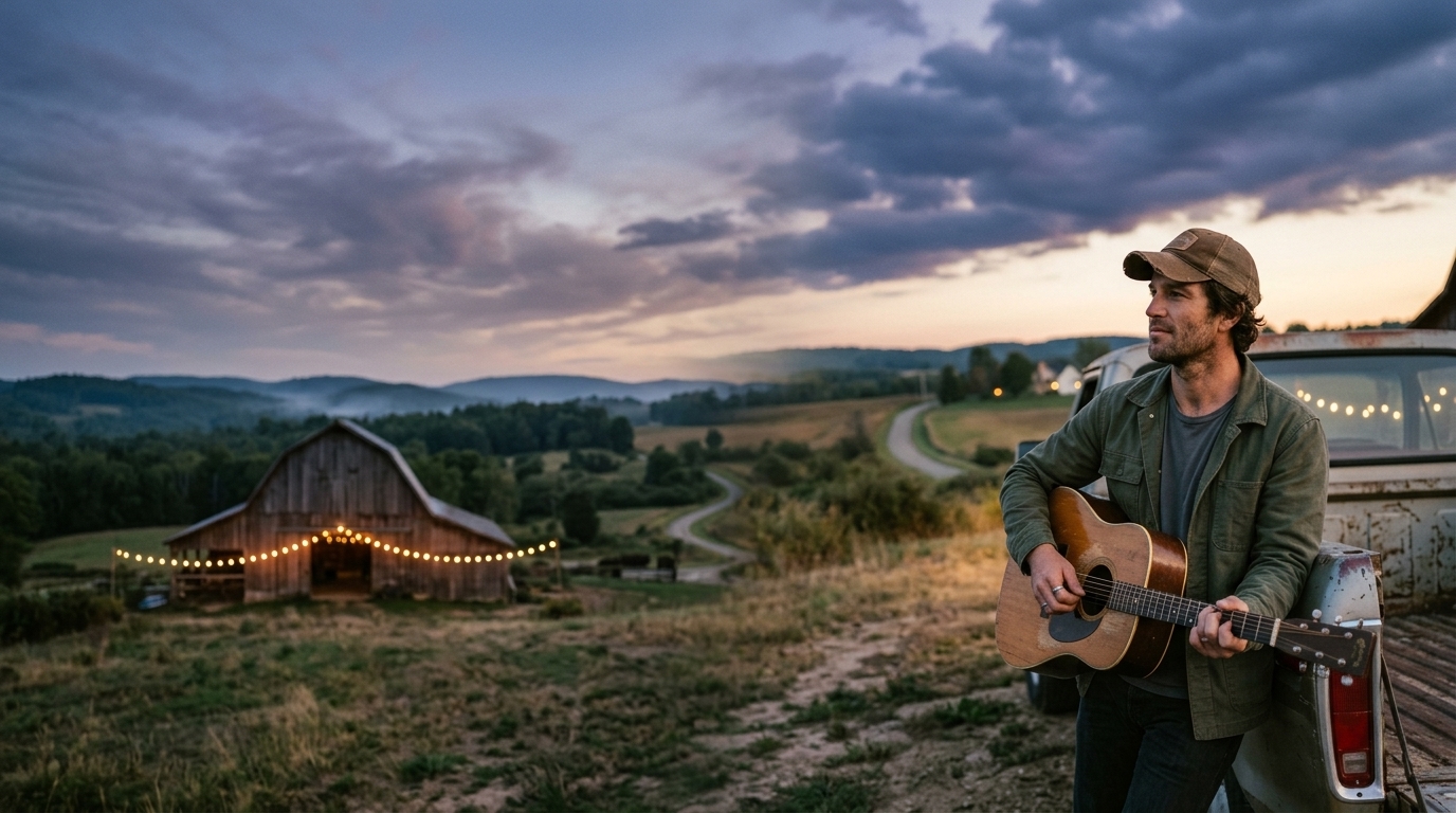 Calder Quinn with acoustic guitar on vintage pickup at twilight